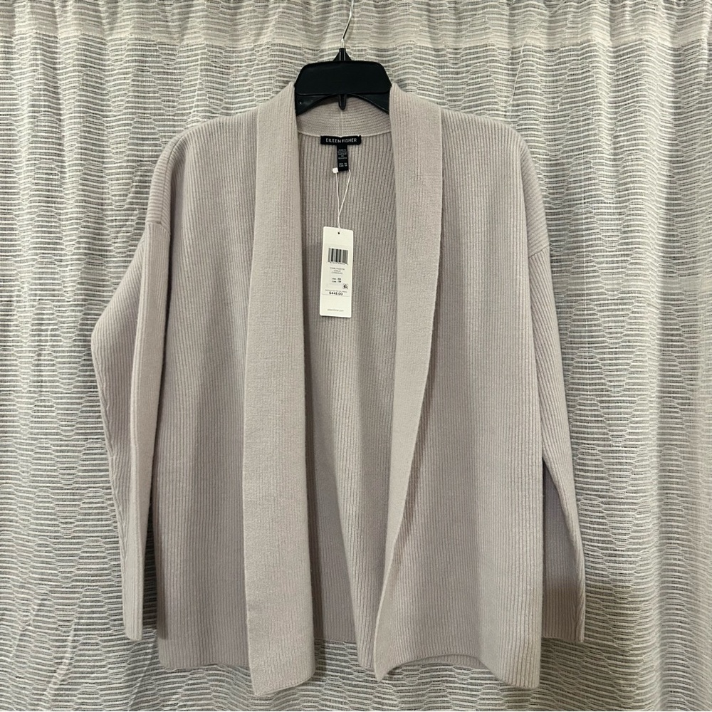 Eileen Fisher Italian cashmere high collar cardigan in “chalk”